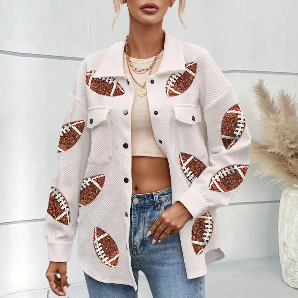 Rugby Design Jacket Sequin Rugby Ball Pattern Women's Spring Coat with Turn-down Collar Patch Pockets Mid Length Loose for A