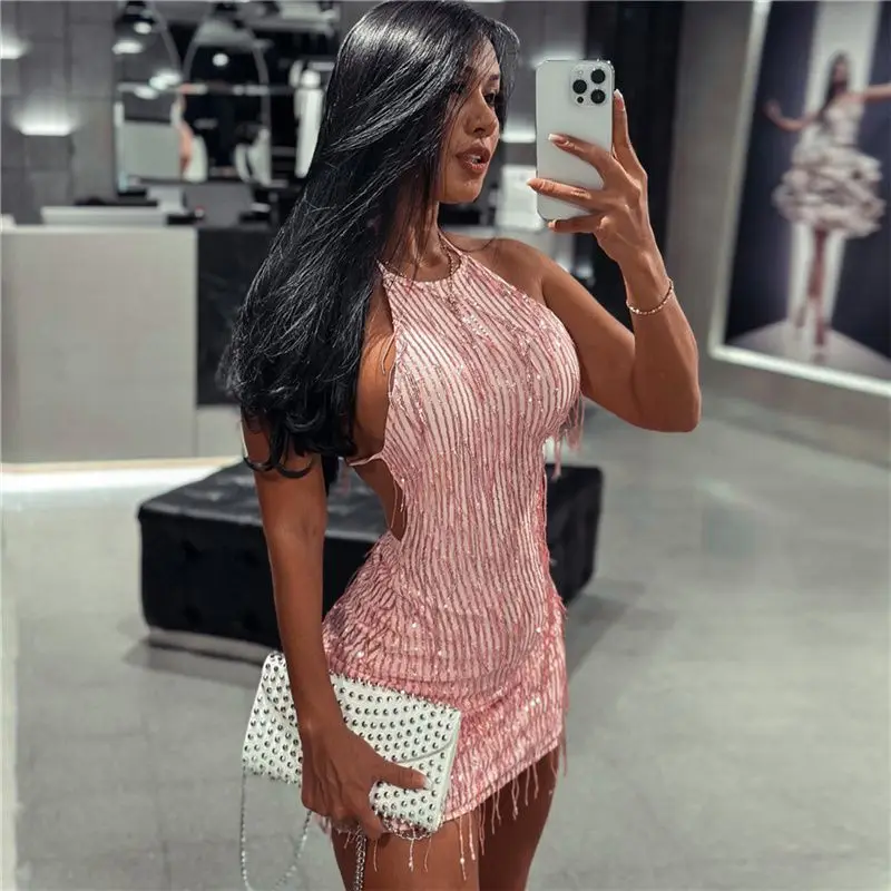 Prom Halter Backless Sparkly Tight Mini Dress Women Summer Sexy Elegant Party Nightclub Bodycon Sundress Bag Dance Skirt