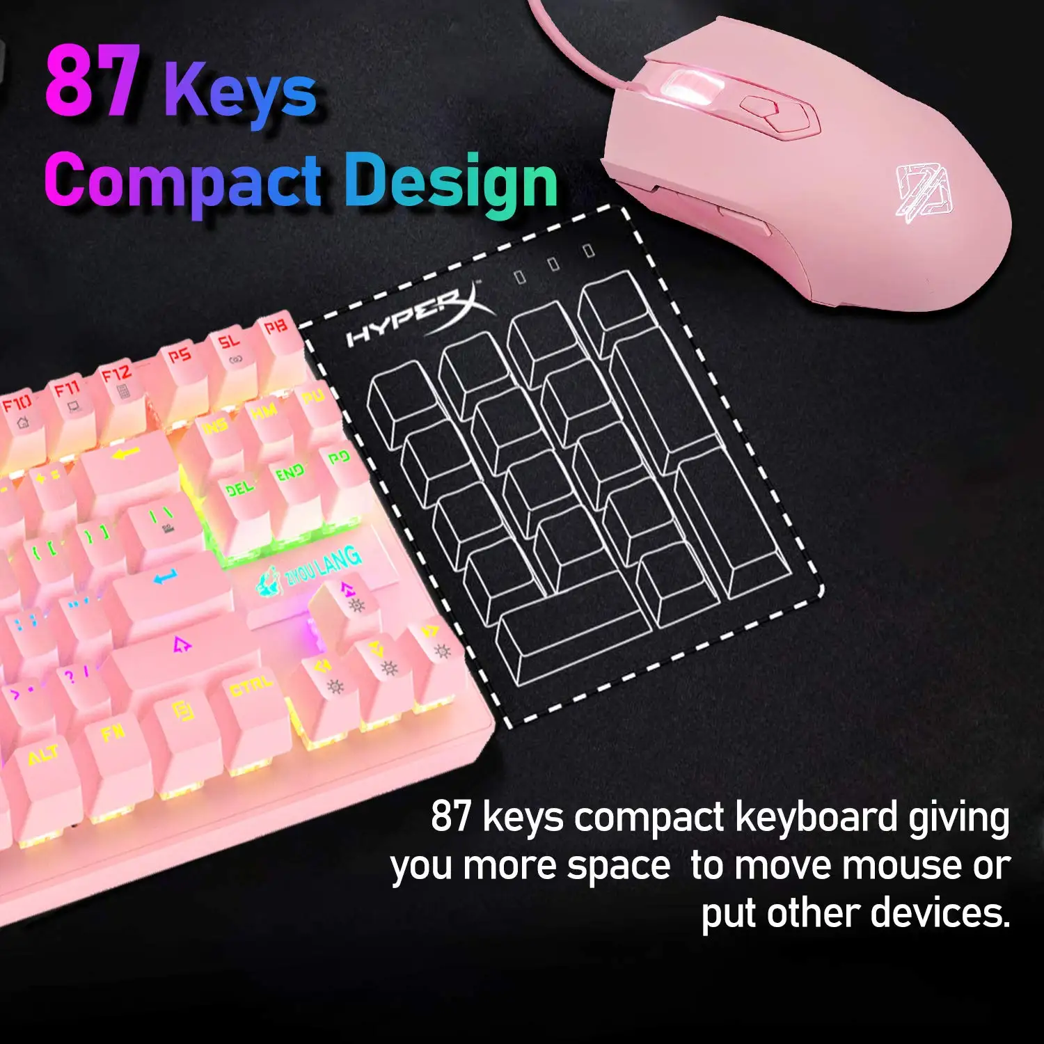 FELIOCN Mechanical Gaming Keyboard & Mouse Combo – 87-Key Blue Switch, Rainbow Backlit, With Mouse Pad, Wired