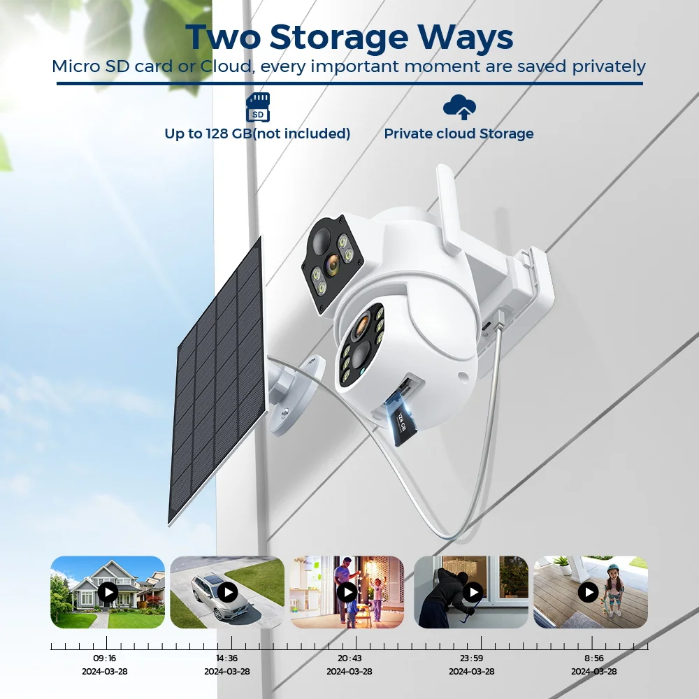 8MP Solar WIFI Camera PZT Outdoor Camera Built-in Battery 4K Color Night Vision PIR Motion Detection Video Surveillance Camera