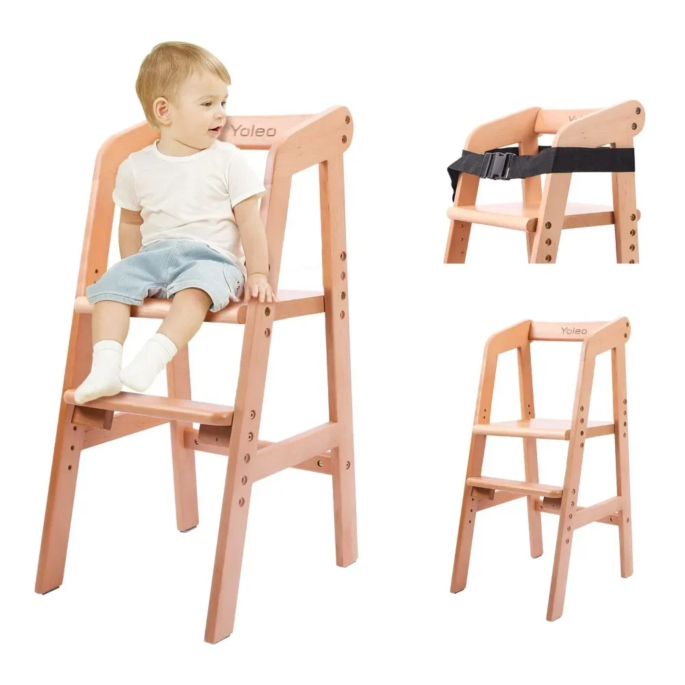 YOLEO High Chair Wooden for Toddlers Junior Childs, Sturdy Durable Dining Feeding Chair with Steps Grows with Child, Max 60kg