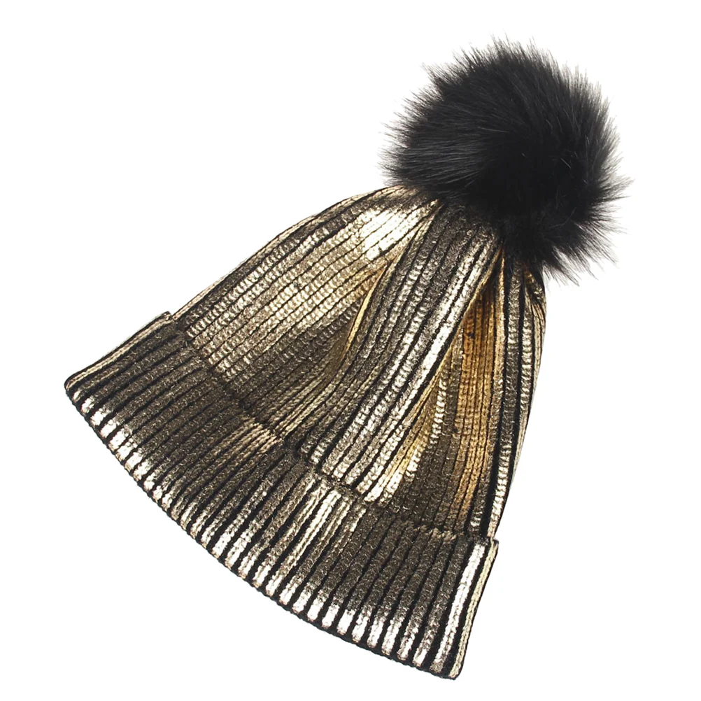 

Knit Beanie Hat Metallic Shiny Beanie Fuzzy Cap Hats for Men ( Golden )