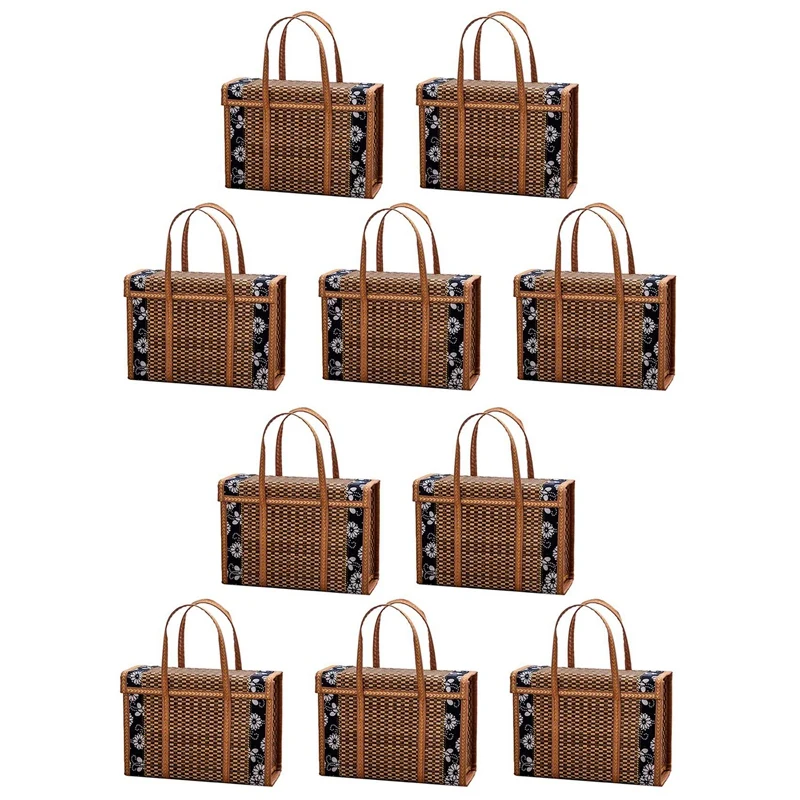 

10X Picnic Woven Basket Wicker Storage Bag Handle Folded Fruit Shopping Food Handle Rattan Grass Foldable Bamboo Basket