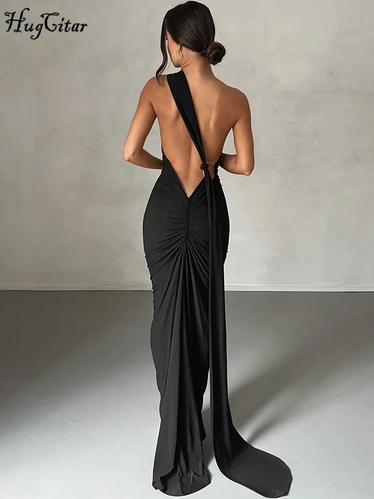 Hugcitar One Shoulder Backless Adjustable Scarf Loop Ruched Sexy Maxi Dress 2024 Women Elegant Y2K Streetwear Festival Outfit 5