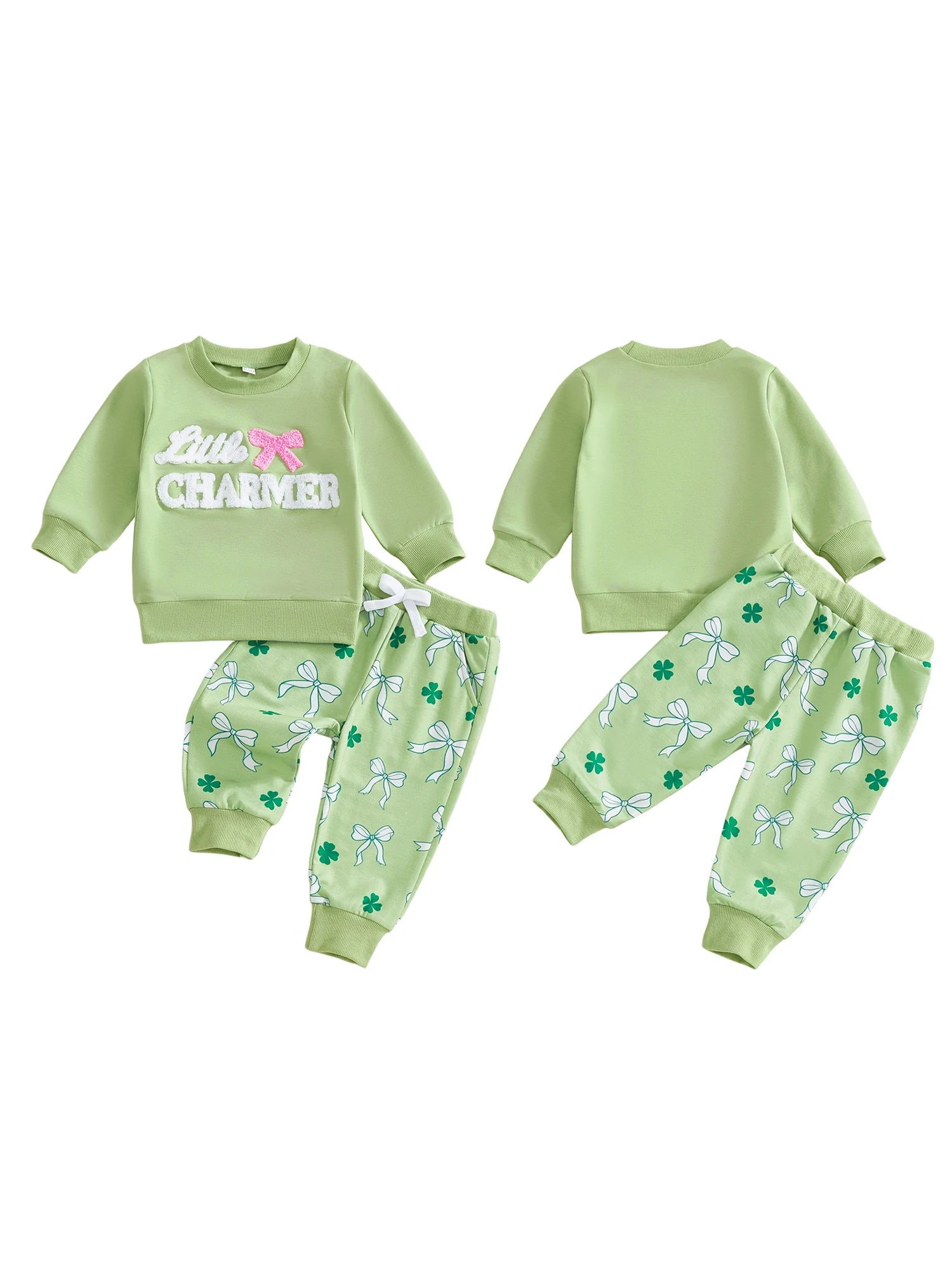 Girls St Patrick s Day Outfit Long Sleeve O Neck Top with Bow Embroidery and Clover Print Pants Set