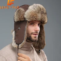Russia Winter Real fur Hat Unisex Outdoor Windproof Super Warm Real Rabbit Fur Bomber Hats Natural Soft Natural Rabbit Fur Caps 1
