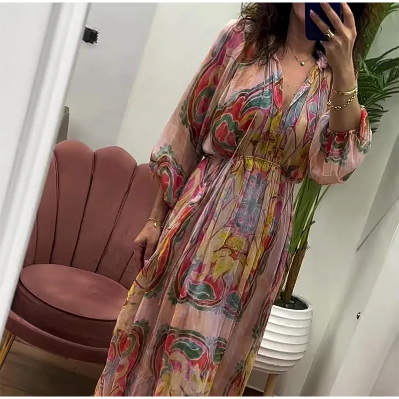 Retro Print Elegant Pleated Lantern Long Dress Sleeve V-neck Single Breasted Dress A-line Casual High Waist Women Summer Robe