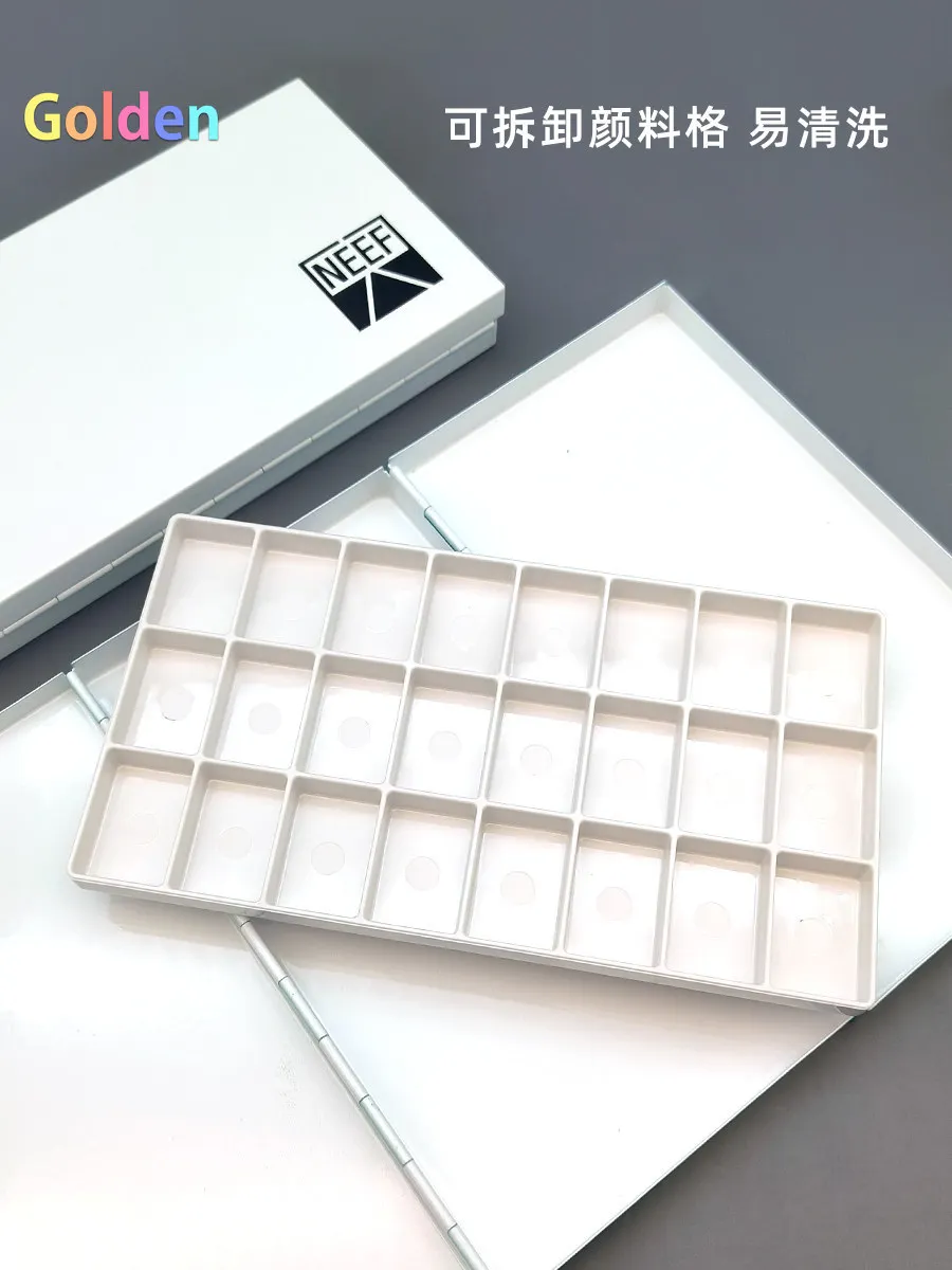 NEEF 다기능 24색 수채화&구아슈 물감 세트, 삼단 접이식 금속 상자, 내장형 혼합 팔레트(빨강, 흰색, 파랑) 포함