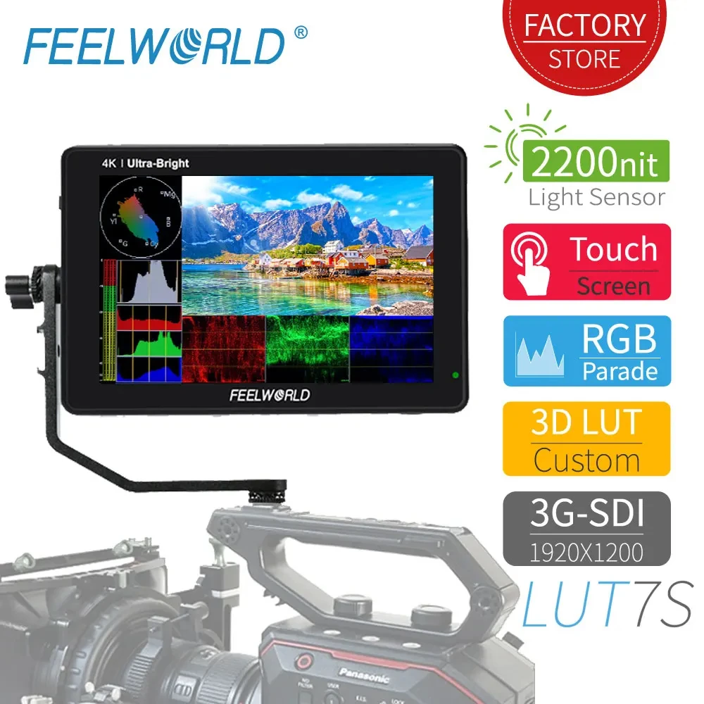 

FEELWORLD LUT7S 7 Inch 2200nits Touch Screen DSLR Camera Field Monitor 3D LUT Full HD 1920x1200 IPS 3G SDI 4K HDMI Input Output