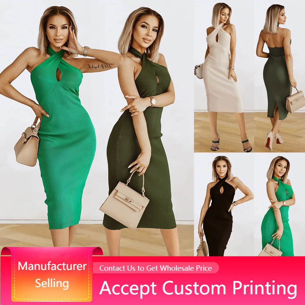 

Jersey Dress Backless Hanging Party Clubwear Slim Skirt Elegant Outfits For Woman Sexy Knitted Tank Dress