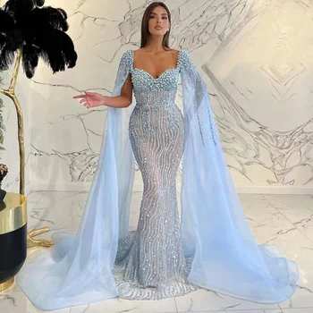 Blue Arabic Luxury Beaded  Mermaid Cape Sleeves Evening Dresses Gowns for Women Wedding Party