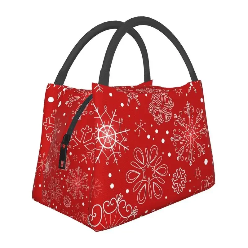 

Merry Christmas Insulated Lunch Bags for Camping Travel Snowflakes On Red Background Leakproof Thermal Cooler Bento Box Women