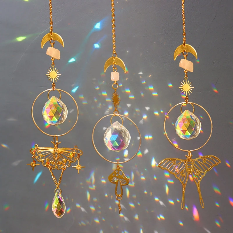 Description Picture 5 of itemCrystals Wind Chime Suncatcher Golden Butterfly Pendant Rainbow Prism Stained Glass Ornament Chakras Crafts Home Garden Decor