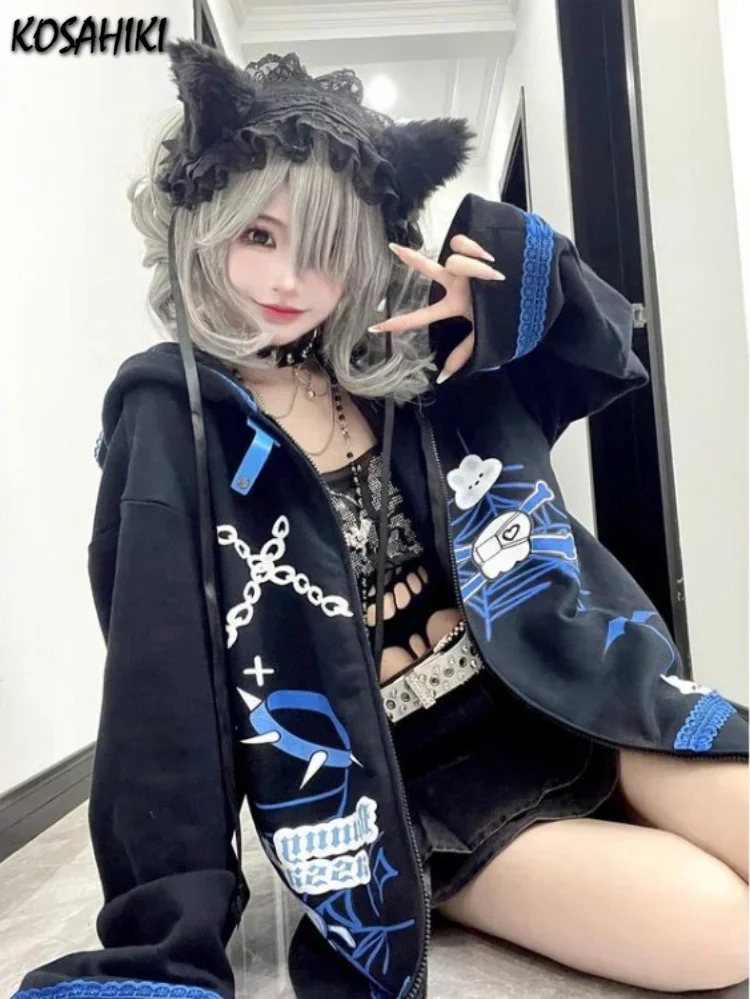 

Harajuku Kawaii Hoodies Women Y2k Aesthetic Grunge Tops 2023 Loose Casual Zip Up Sweatshirt Rabbit Ear Cartoon Print Streetwear