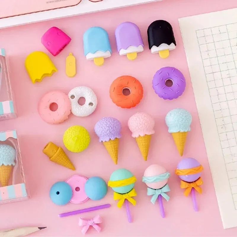 Pencil Eraser 2Set 8Pcs Simulation Dessert Burger Eraser Children Day Gifts Elementary School Students Creative Cartoon Cute Little Eraser