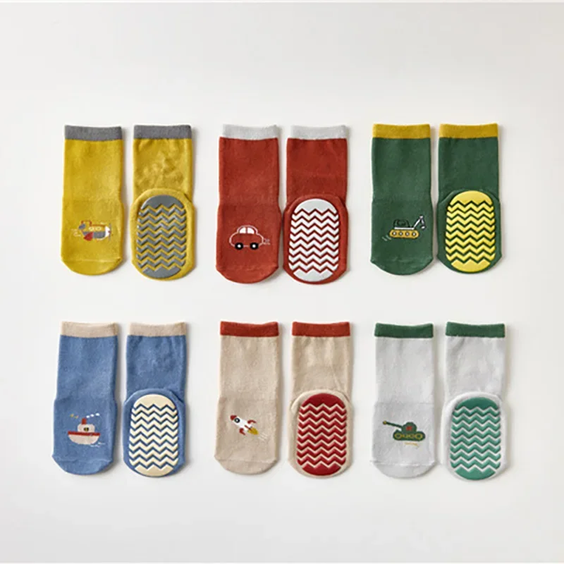 Autumn Spring Korean Baby Anti-slip Sport Thermal Floor Socks Children Cute Cartoon Transport Home High Long Slippers Stockings