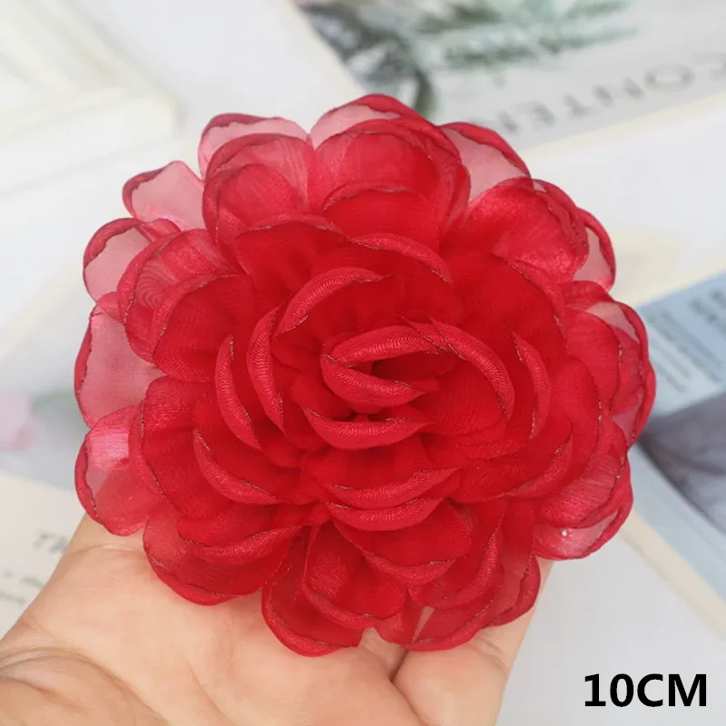 Elegant Red Chiffon Rose Camellia Flowers - Set of 10 for Weddings and Dress Embellishments