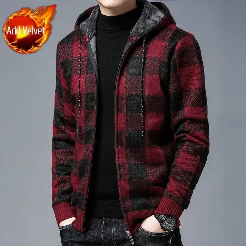 thumbnail image 1 of Suéter de punto con cremallera para hombre, ropa a cuadros, cárdigan, sudaderas con capucha, cremallera, grueso, invierno, rojo, tops, jerséis, casuales, elegantes, baratos y calientes, 1 of 5