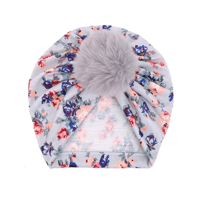 Large Faux Fur Ball Baby Toddler Turban Hat Vintage Floral Print Infant Headwrap Kids Muslim Bonnet Newborn Nursery P31B