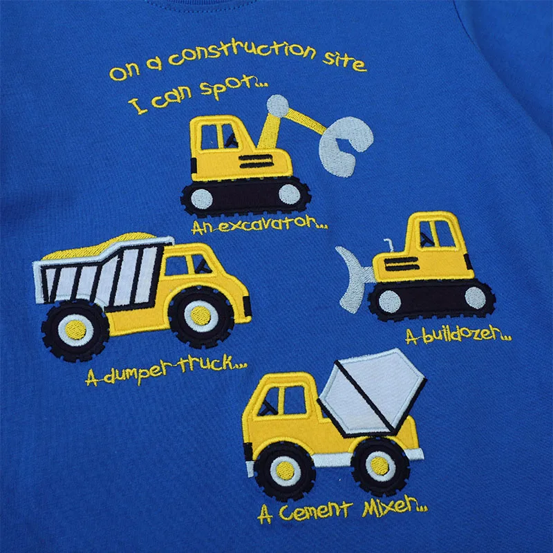 Baby Boys Tops Blue Tees Appliques Children's Clothing T-shirts Summer Cartoon Excavators Kids Clothes