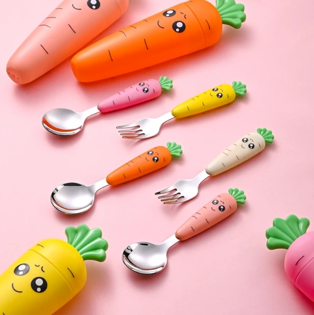 Cutlery Set Kids Fork and Spoon Carrot Shape Stainless Steel Baby Feeding Utensils