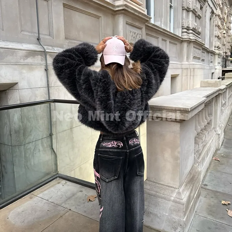 Neo Mint Chic Street Fashion Y2k Girls Black Graident Hooded Faux