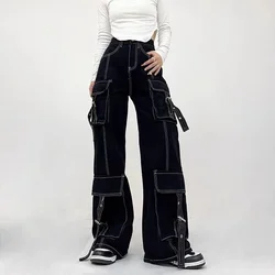 Women's Line Decoration Design Design Multiple Pockets Pants Neutral Style Jeans Vintage American Female Straight Trousers