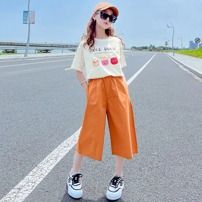 

Girls Summer Clothes Set 2023 New Children's Kawaii Cartoon T Shirt Wide-leg Pants 2pcs Clothing Teenager Kids Short Sleeve Suit