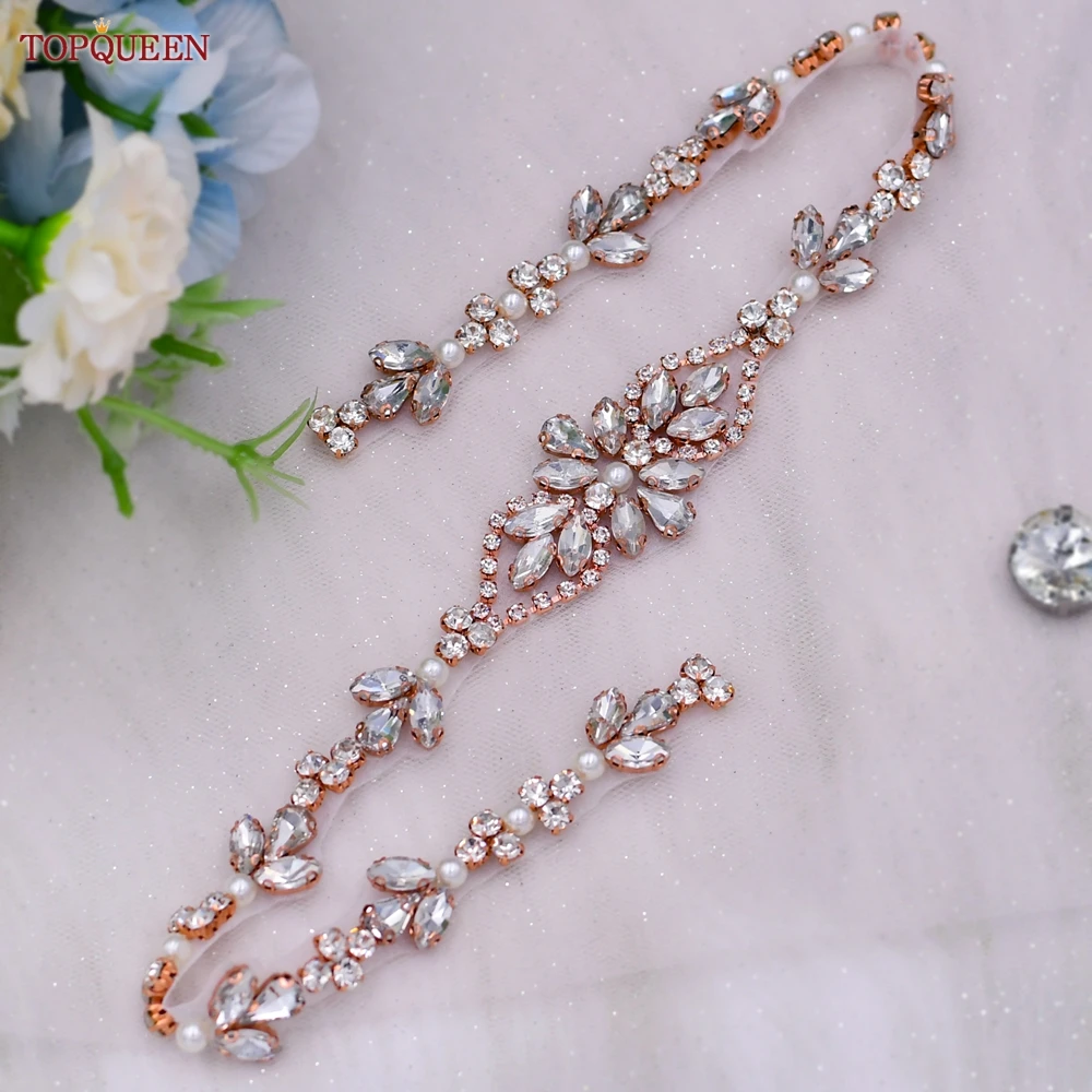 TOPQUEEN S09-RG Bridal Rhinestone Belt for Wedding Evening Dress Women Lady Sparkly Shiny Female Pearls Decorative Ribbon Sash