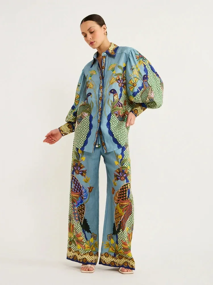 

Holiday Vintage Printed Pants Suit Beach Long Sleeve Shirt Blouse Top Loose Long Pants Two Pieces Set Lady Summer Casual Outfits