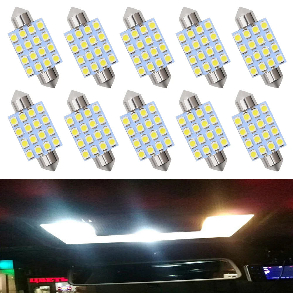 10Pcs Car Led 3528 1210 White 16SMD Dome Festoon Interiors Reading Lights 12V LED Bulb 36mm 39mm 41mm Auto Roof Lamp Trunk Lamps