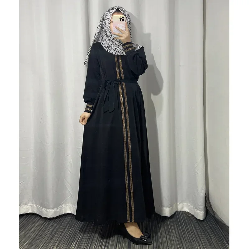 Black Bangladesh Women Lace Maxi Abaya Dubai Turkey Muslim Hijab Dress 2024 Plus Size Diamond Shiny Boubou Long Sleeve Dress