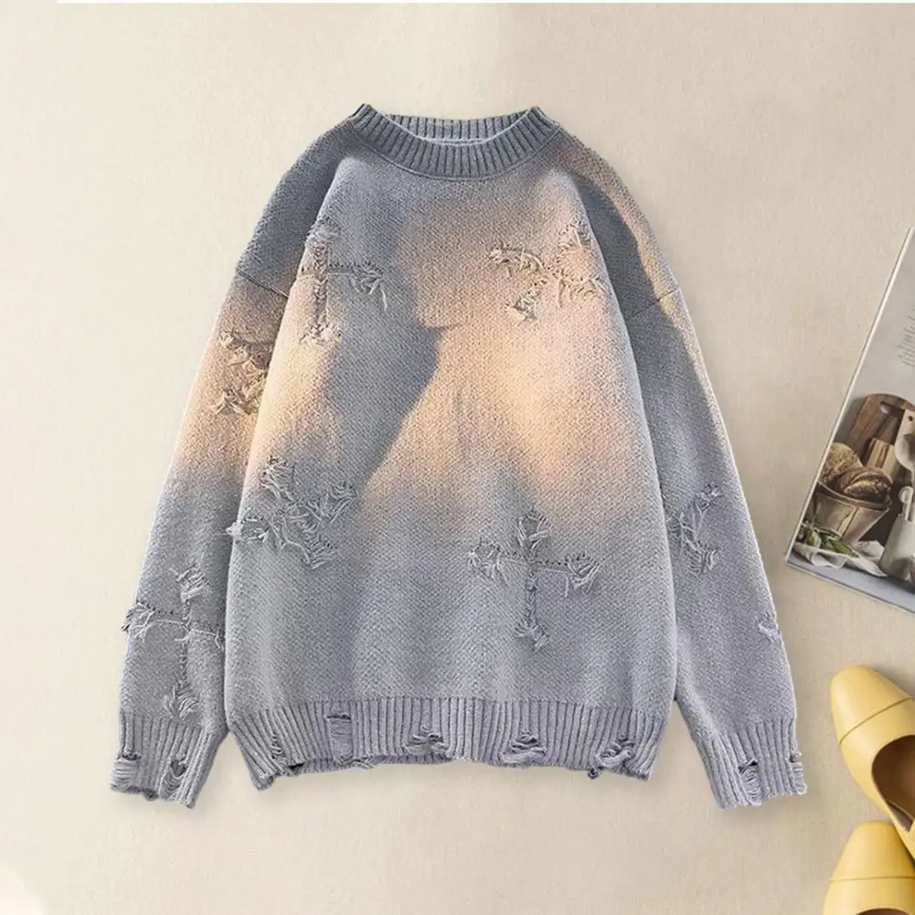 Long Sleeve Men Sweater Men's Retro Ripped Tassel Cross Pattern Sweater Autumn Winter Knitwear for Streetwear Style Loose Fit