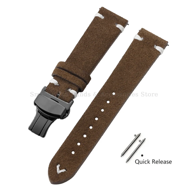 Vintage Handmade Suede Stitch Leather Watch Strap with Quick Release and Folding Clasp