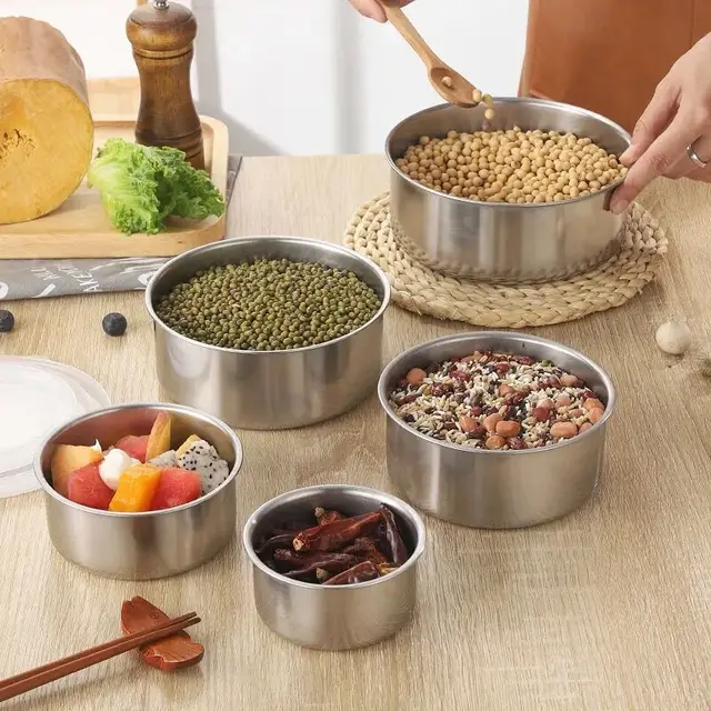 Boîte à Bento en acier inoxydable avec couvercle, réfrigérateur réutilisable, bol à légumes, récipient de stockage des aliments, accessoires de cuisine 5 pièces/ensemble 5