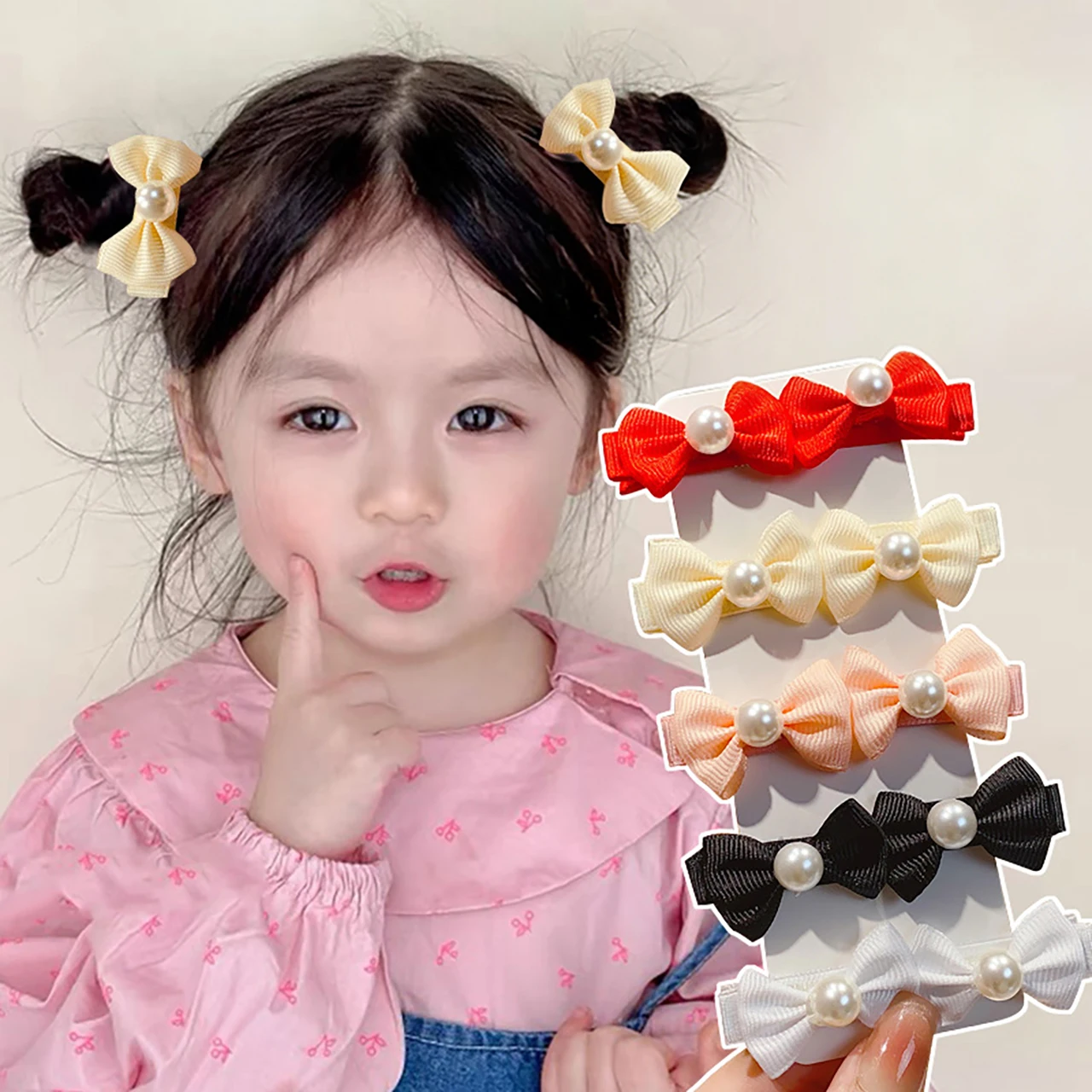 10개/세트 달콤한 리본 진주 헤어핀 단색 바레트 머리 장식 공주 소녀 헤어핀 어린이 헤어 액세서리