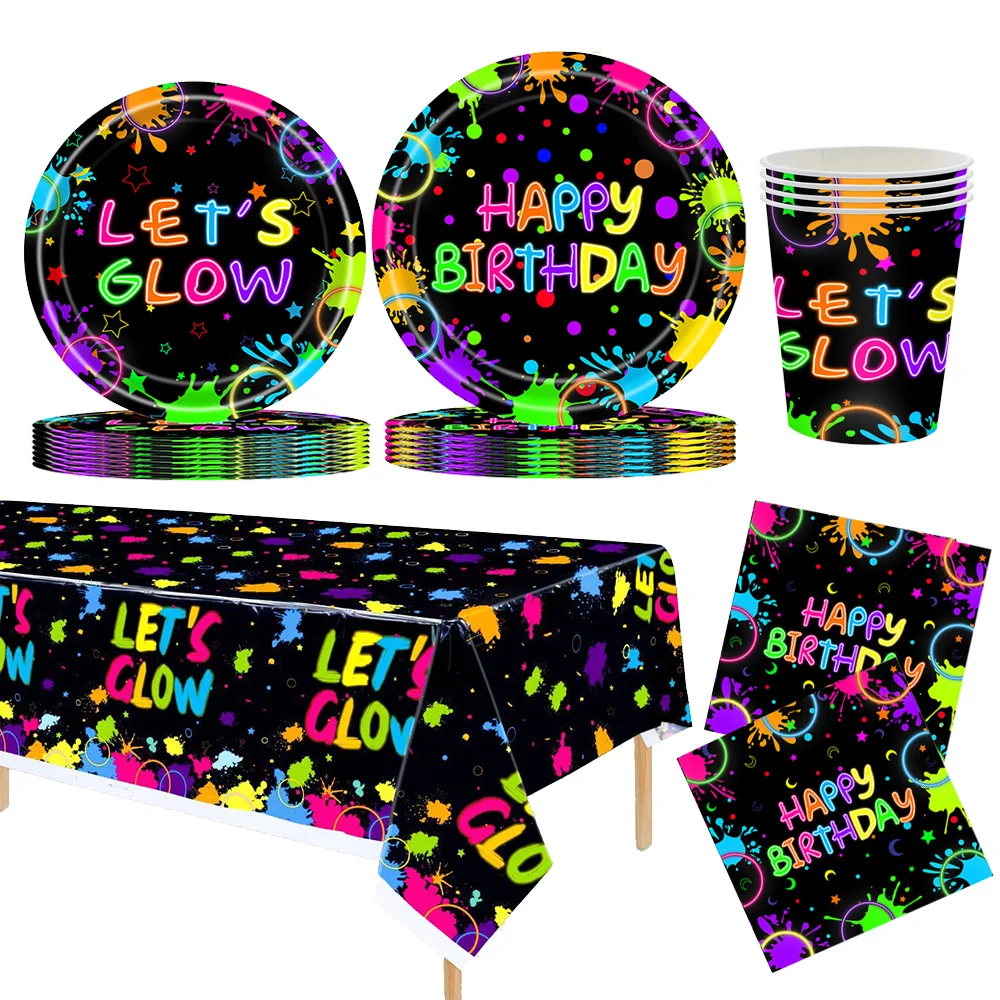 Neon Glow Birthday Party Supplies - Disposable Plates Napkins  Cups for Kids