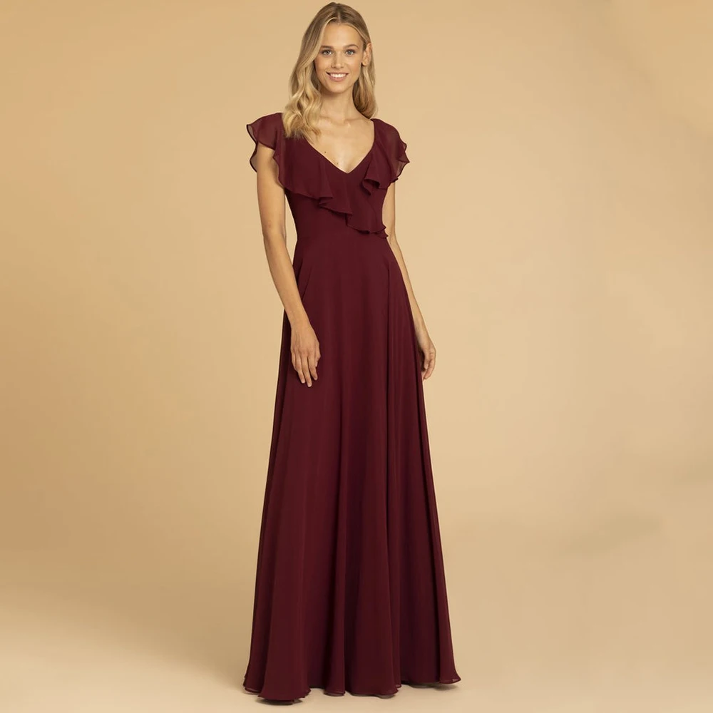 

Женское шифоновое платье-трапеция Weilinsha, бордовое официальное вечернее платье до пола с открытой спиной и V-образным вырезом, платье для гостей свадьбы