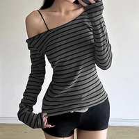 Spring Fall Women's New Japanese Basic Models Slim Long-Sleeved Striped t-Shirt Strapless Korean Street Style y2k Thin Tops 1