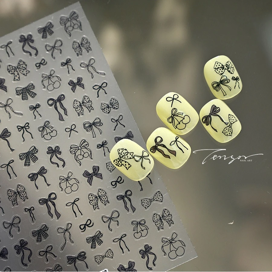 블랙 화이트 폴카 도트 리본 레이스 리본 매듭 태슬 체리 사랑스러운 3D 셀프 접착 네일 아트 스티커 달콤하고 멋진 매니큐어 데칼