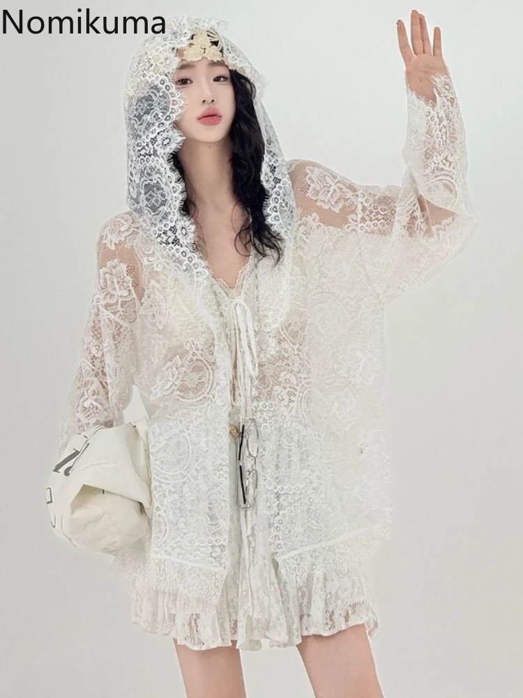 2025 Blouses for Women Lace Long Sleeve Loose Shirts Jackets Hooded See Through Blouse Casual Fashion Bandage Temperament Tops