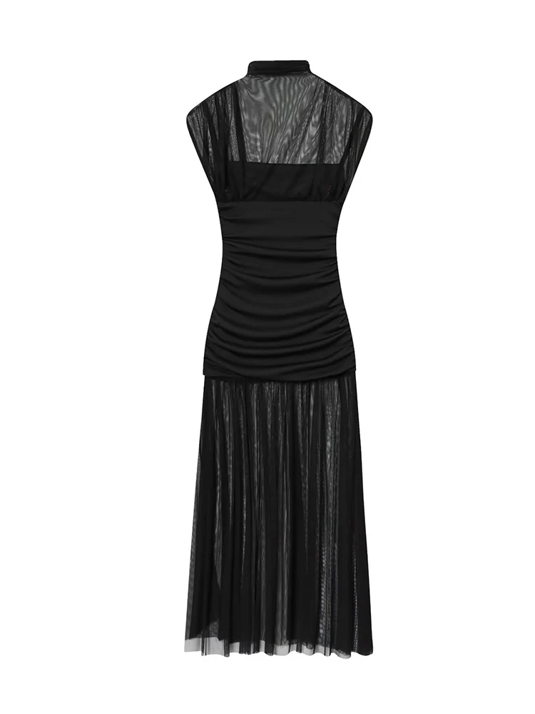 2026 New Women Spliced Mesh Maxi Dress Fashion Sheer Turtleneck Folds Design Sleeveless Elegant Slim Fashion Party Dresses Lady
