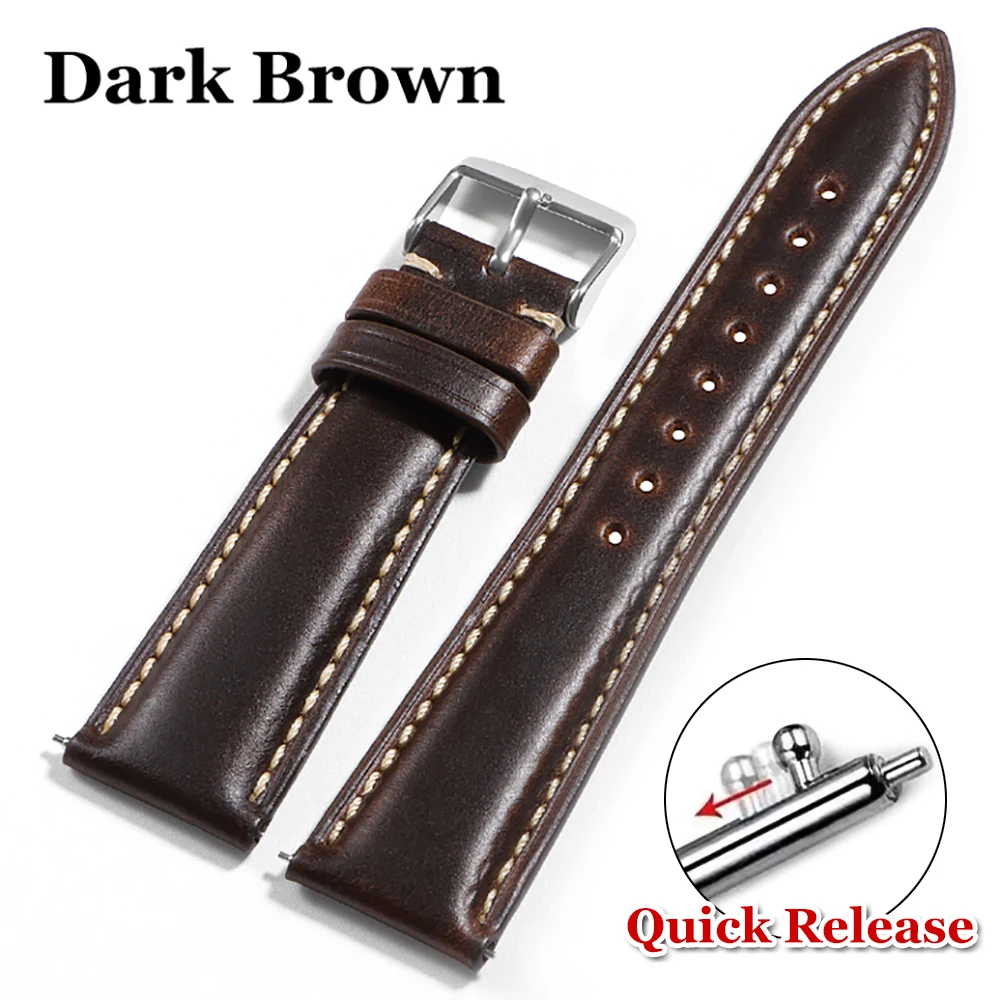 Vintage Brown Oil Wax Leather Watch Strap with Pin Buckle - Head Layer Cowhide