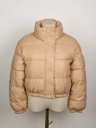 Elegant Women's Black PU Leather Winter Parka Coat with Zipper - XXL (Khaki)