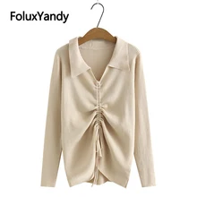 

Shirring Women Spring Sweater Plus Size Knitted Pullovers Casual Turn-down Collar Long Sleeve Sweaters KKFY5844