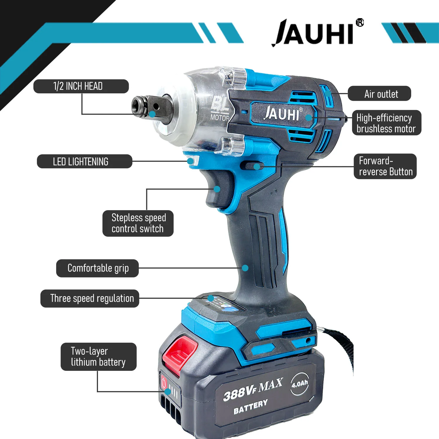 JAUHI 무선 전기 임팩트 렌치, 브러시리스 렌치, 5200rpm, 1/2 인치 스크루 드라이버, 마키타 18V 배터리 전동 공구, 520N.m