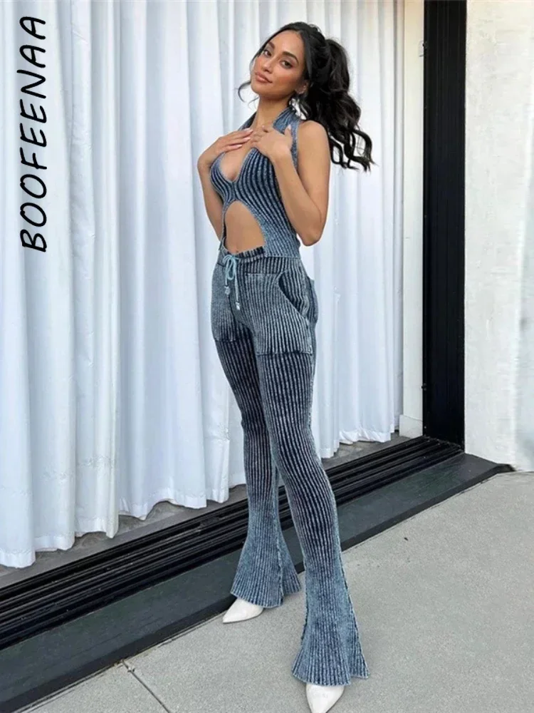 

BOOFEENAA Blue Stripe Knit Two Piece Set Women Outfit 2023 for Winter Baddie Streetwear Halter Top Flare Pants Sets C87-GD49