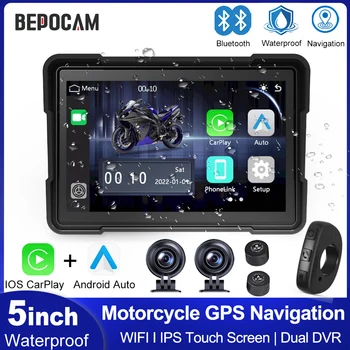 BEPOCAM Navigatore GPS per Moto 5'' IP67 Impermeabile, Wireless Carplay Android Auto, Doppia Telecamera DVR, Registratore di Guida, Monitor Moto