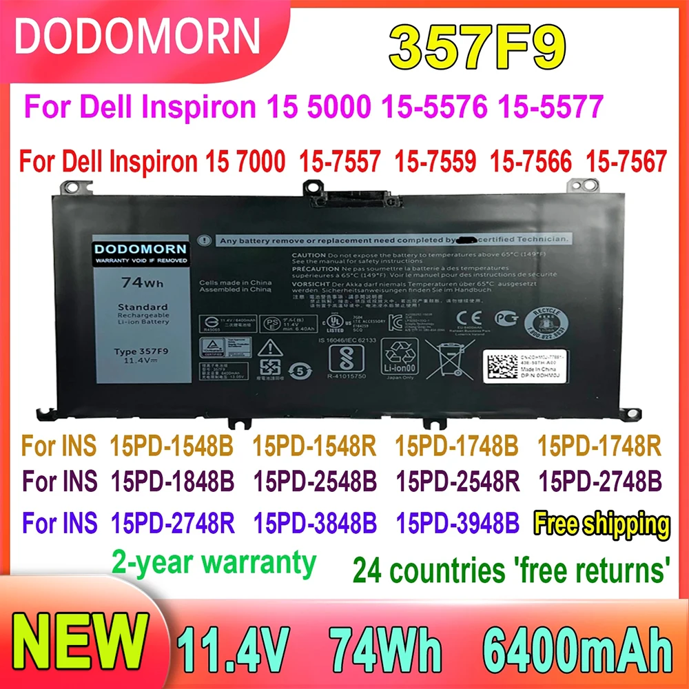 Bateria do Portátil para Dell Inspiron 15 5000 5576 5577 15 7000 7557 7559 7566 7567 15pd1548b 5pd-1748r 15pd-1848b 357f9