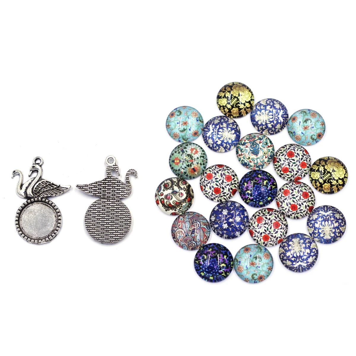 

10PCS Metal Swan Charm Pendants Round Cameo Base Setting 29x41mm Mixed Random Glass Cabochon 18mm DIY Couple Jewelry Accessories